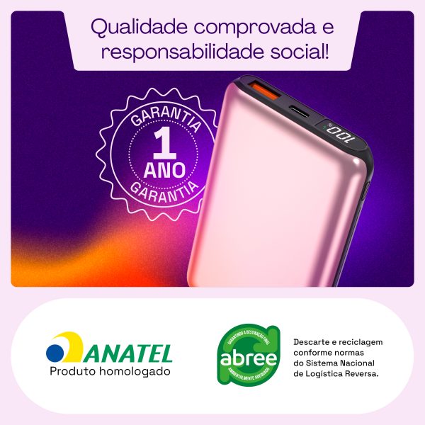CARREGADOR PORTÁTIL 10.000mAh C/ CARREGAMENTO RÁPIDO ROSA DOURADO - Imagem 2